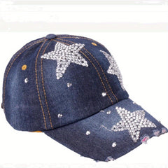 Rhinestone Pentagram Baseball Cap Ripped Distressed Cotton Dad Hat
