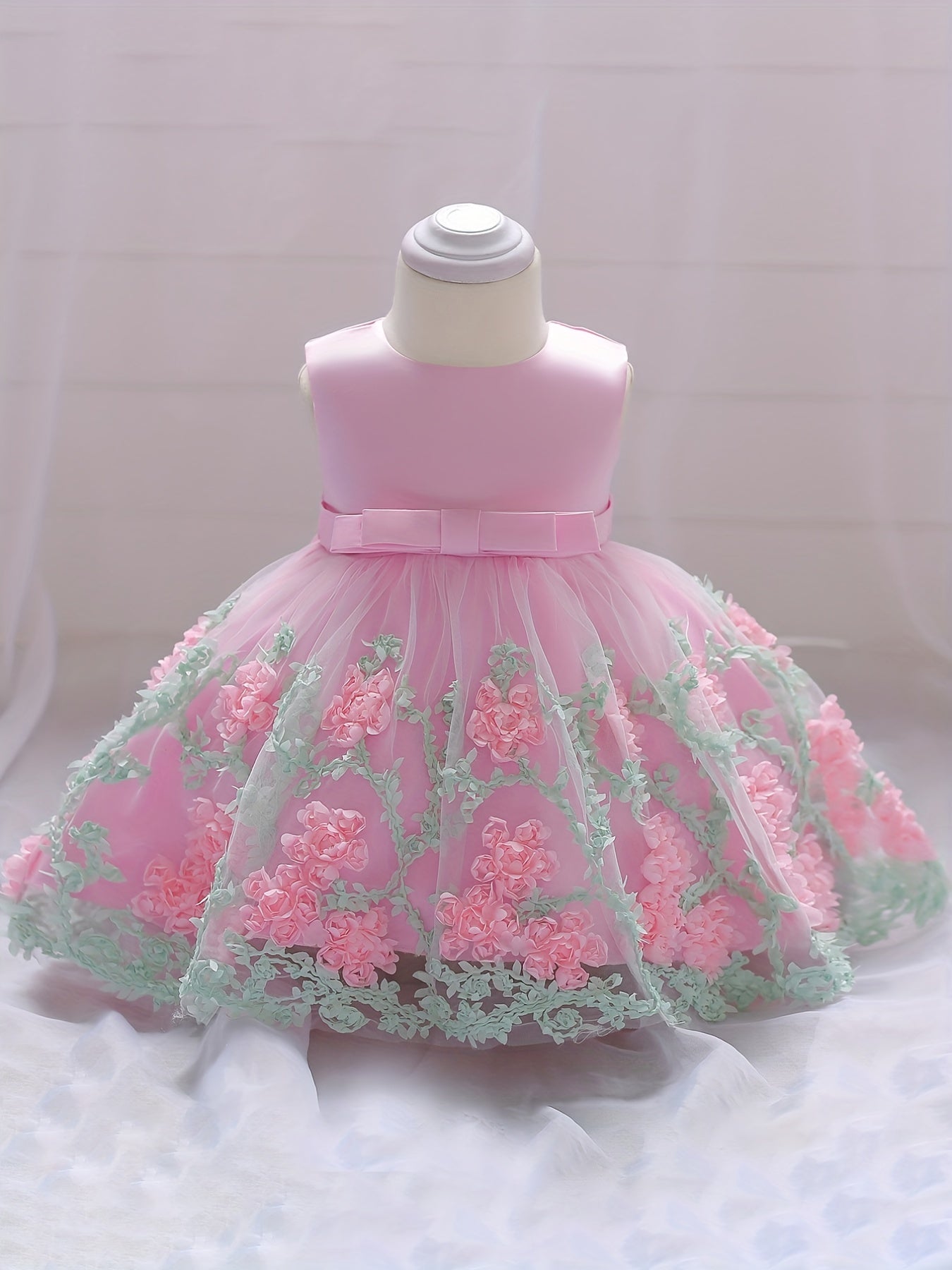 Baby Girls Floral Embroidery Mesh Sleeveless Princess Dress