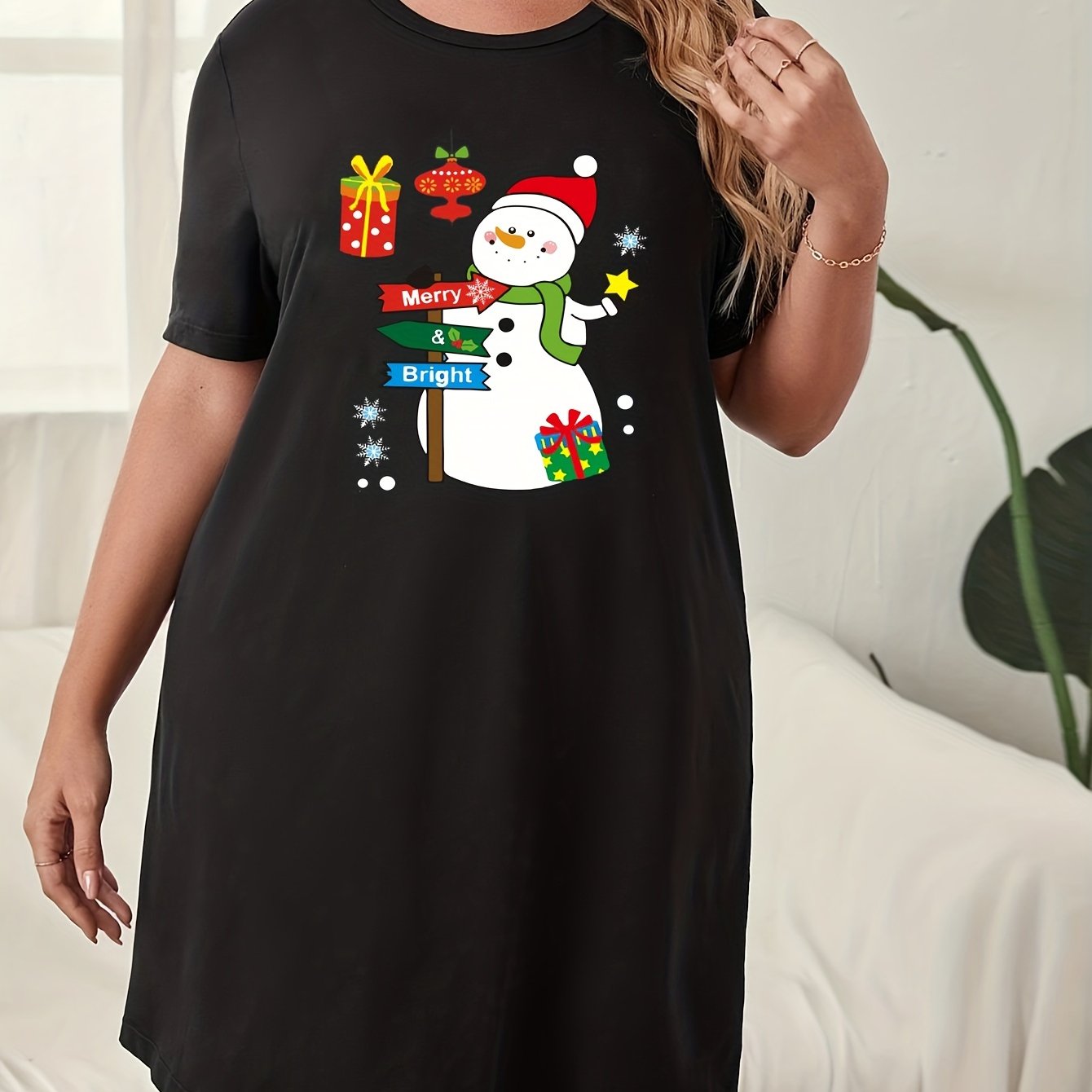 Snowman Print Lounge Dress Short Sleeve Nightdress