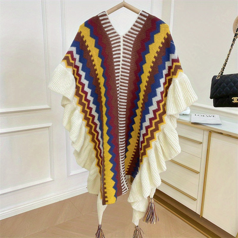 Boho Ruffles Knitted Shawl Geometric Tassel Cape