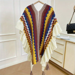 Boho Ruffles Knitted Shawl Geometric Tassel Cape
