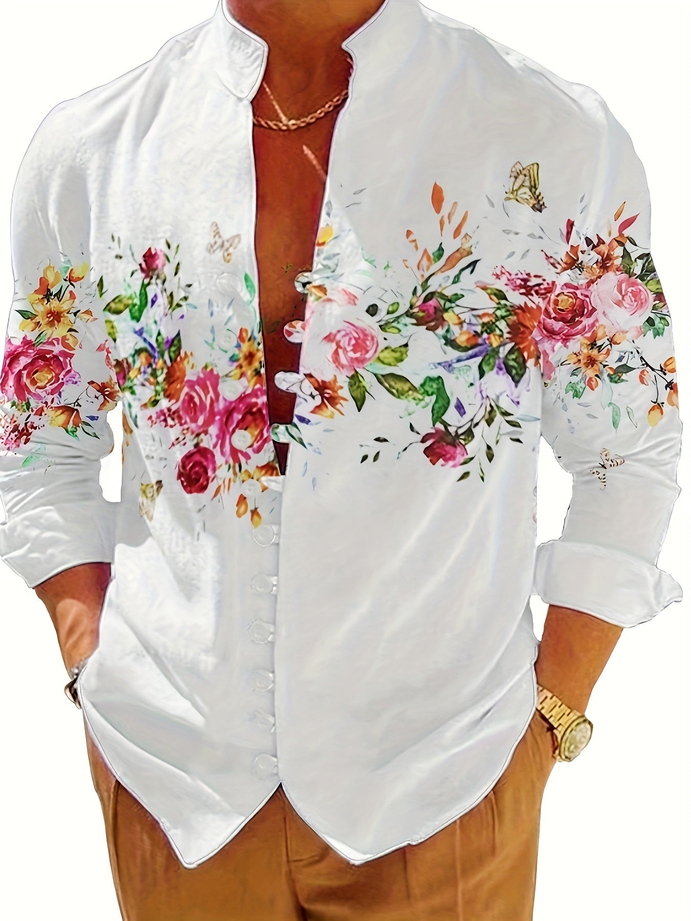 Men's Flower Print Casual Button Up Long Sleeve Shirt Spring Summer Autumn Tops