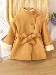 Baby Girls Solid High Neck Fleece Coat With Belt Kids Winter Jacket