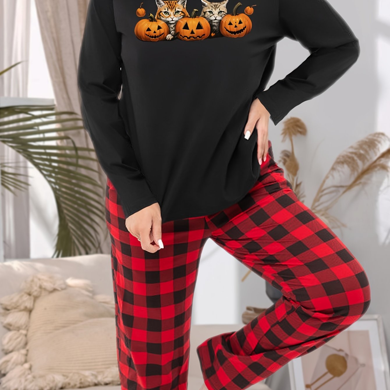 Halloween Pajama Set Pumpkin & Cats Print Tee & Plaid Pants Loungewear