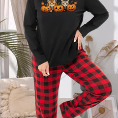 Halloween Pajama Set Pumpkin & Cats Print Tee & Plaid Pants Loungewear