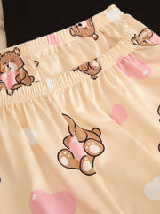Bear Print Pajamas Set Crew Neck Top & Shorts Women's Sleepwear
