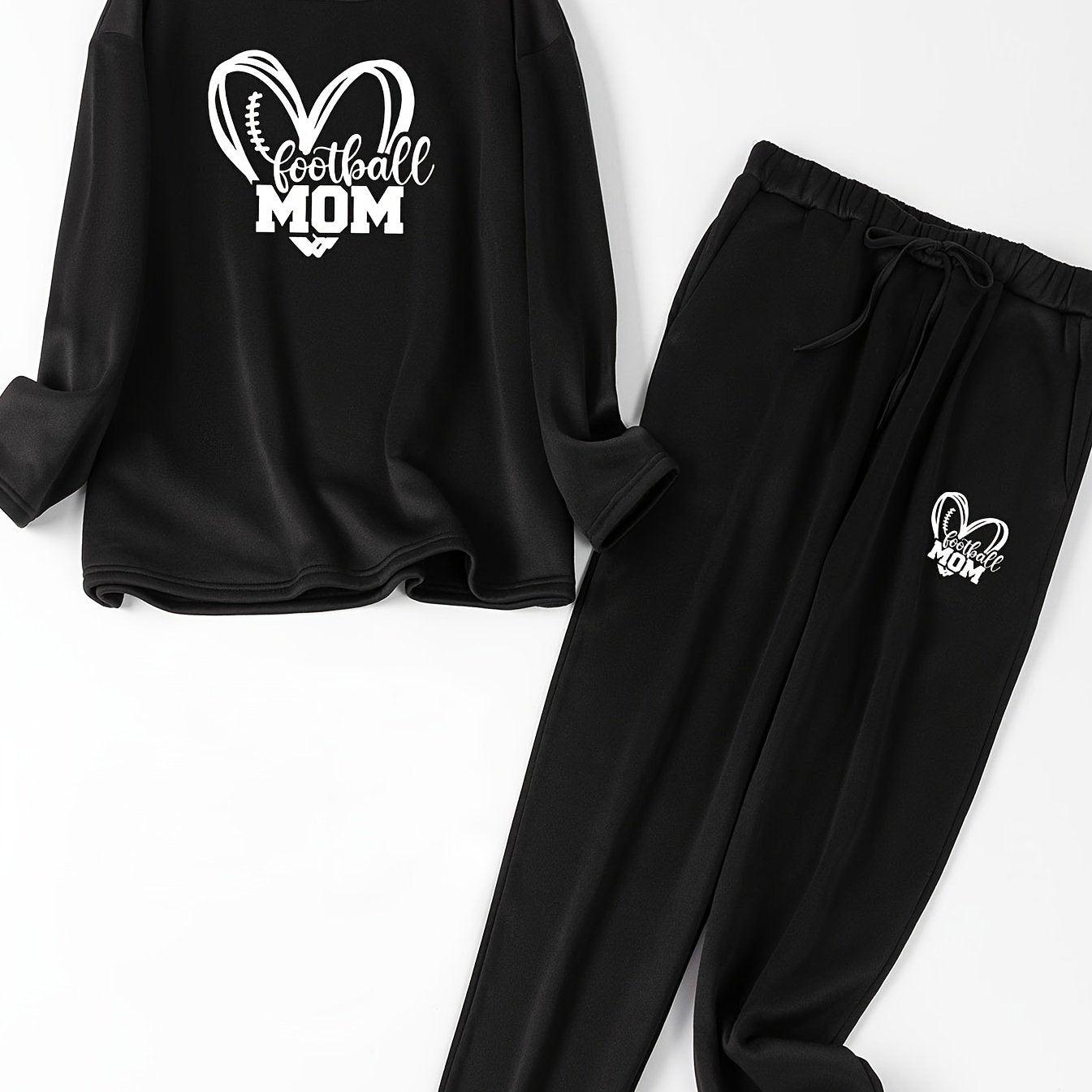 Plus Size Heart Rugby & Letter Print Fleece Top & Joggers Set