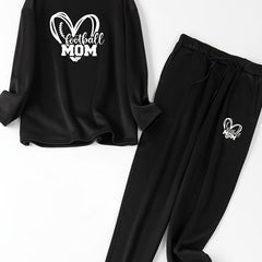 Plus Size Heart Rugby & Letter Print Fleece Top & Joggers Set