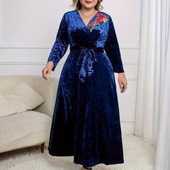 Women's Plus Floral Velvet Maxi Dress with Belt