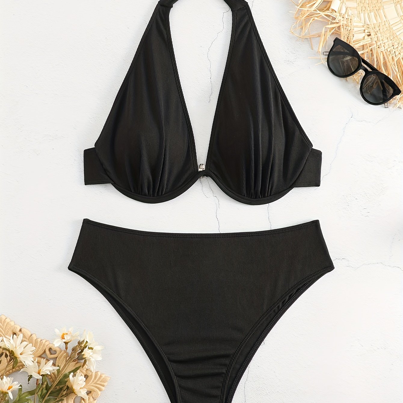 Basic Bikini Set Women's Plus Plain Halter Neck Medium Stretch