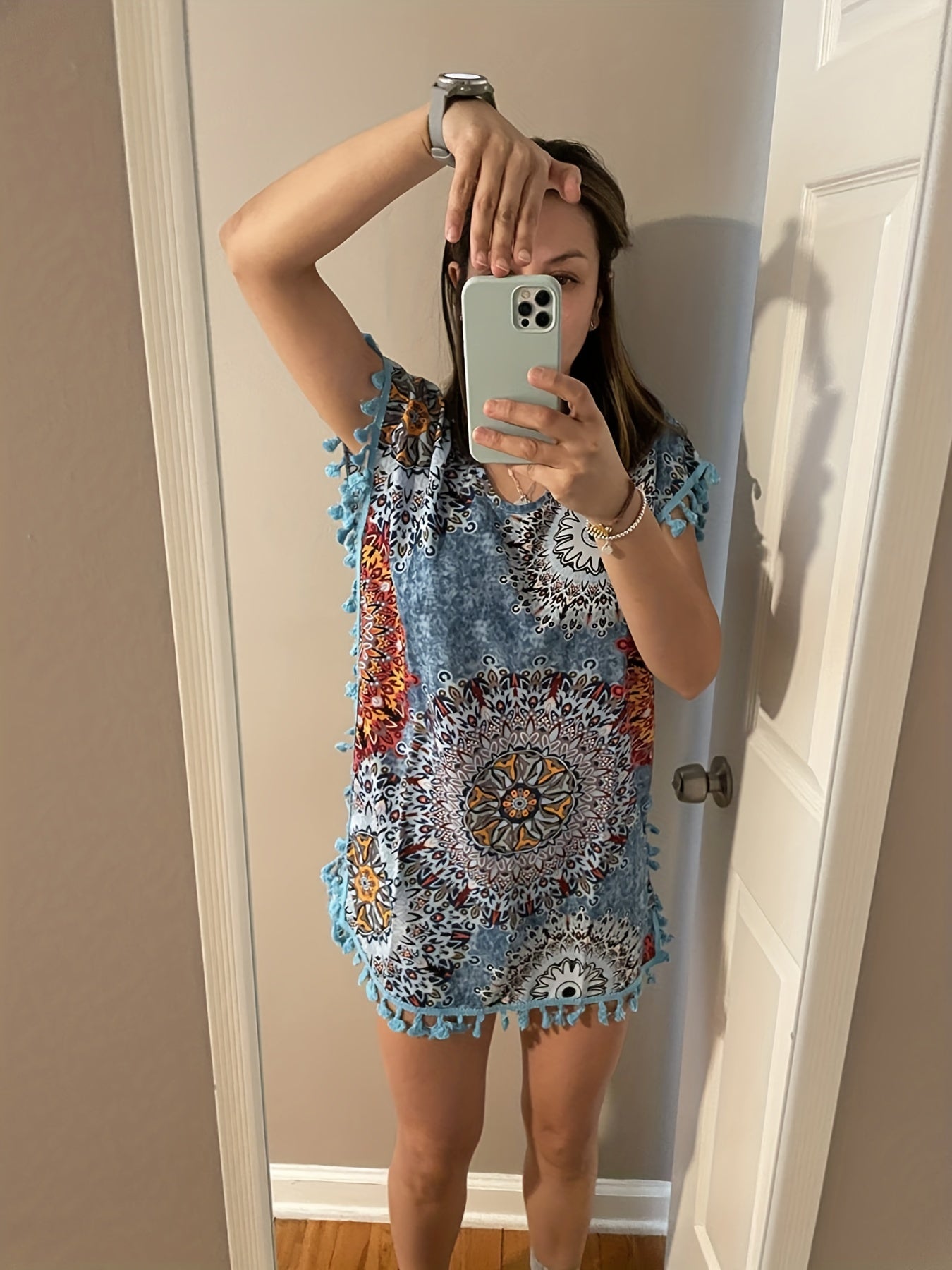 Floral Print Tassel Trim Beach Cover Up Kaftan Dress