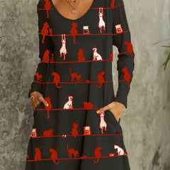 Cat & Stripe Print Long Sleeve V Neck Tee Dress With Pockets