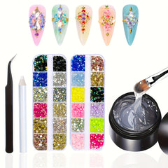 Nail Art Rhinestones Kit Tweezers Pen Glue 24 Colors Round Nail Rhinestones