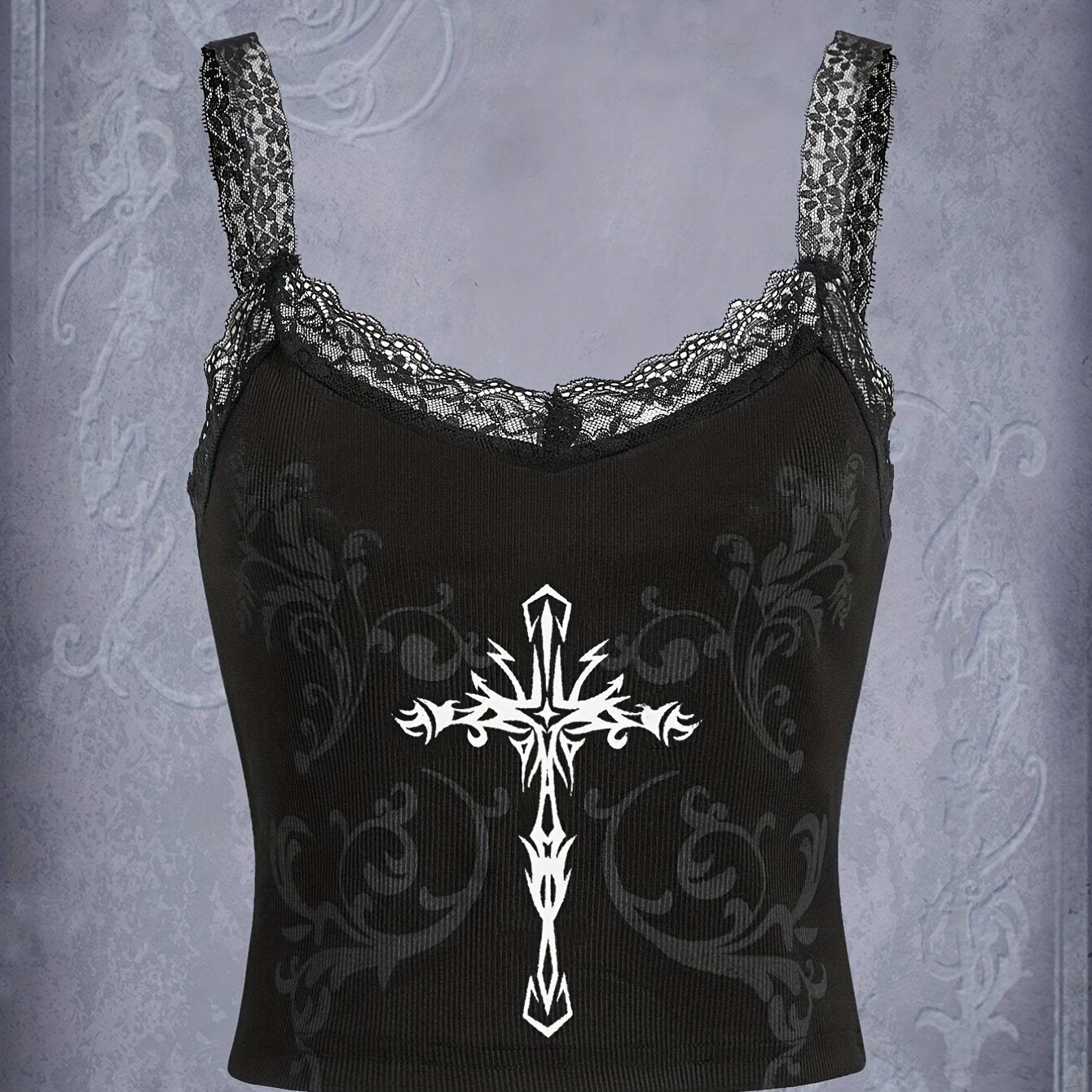 Gothic Cross Print Lace Cami Top Sleeveless Grunge Summer Top