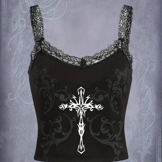 Gothic Cross Print Lace Cami Top Sleeveless Grunge Summer Top
