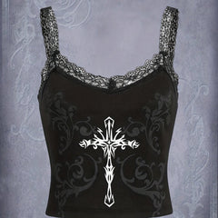 Gothic Cross Print Lace Cami Top Sleeveless Grunge Summer Top