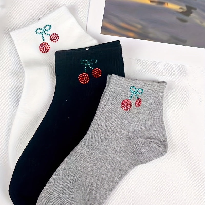 Cherry Rhinestone Crew Socks 5 Pairs Women's Stockings