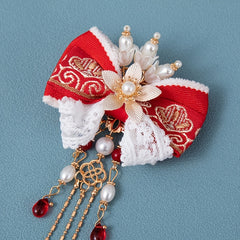 Vintage Embroidered Ribbon Bow Hair Clips with Lace Tassel