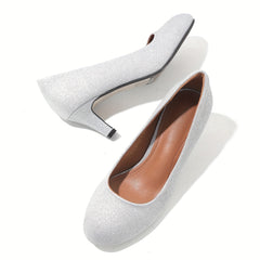 Women's Glitter Silver Slip On Kitten Heel Shoes