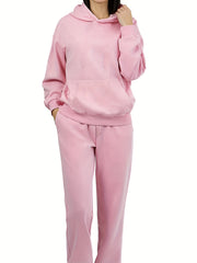 Solid Hoodie & Joggers Set Drawstring Long Sleeve Outfits