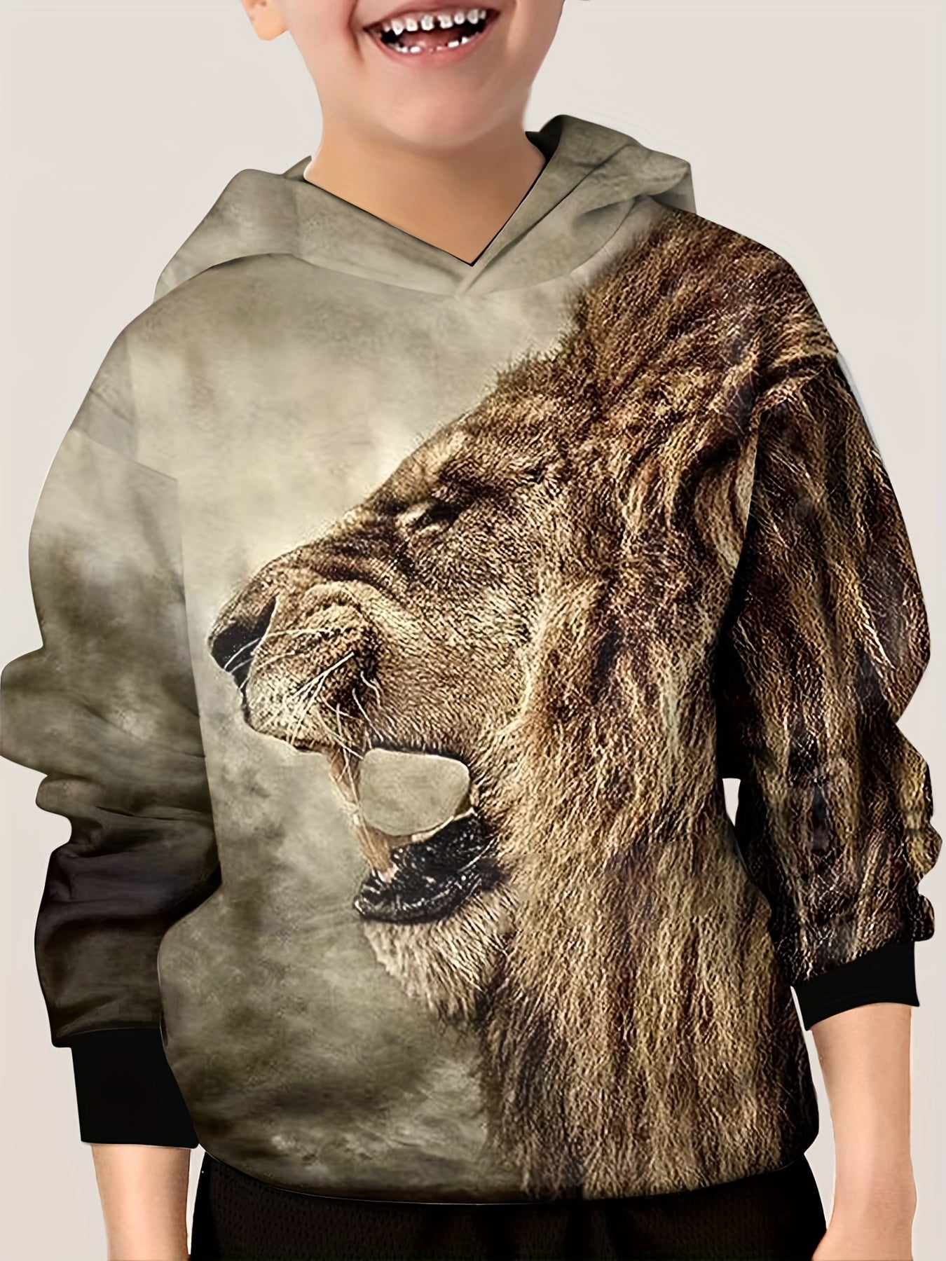 3D Lion Head Print Kid's Hoodie Unisex Pullover Casual Hooded Top