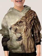 3D Lion Head Print Kid's Hoodie Unisex Pullover Casual Hooded Top