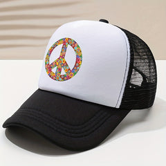 Peace Sign Print Baseball Cap Breathable Trucker Hat Adjustable Sun Hats
