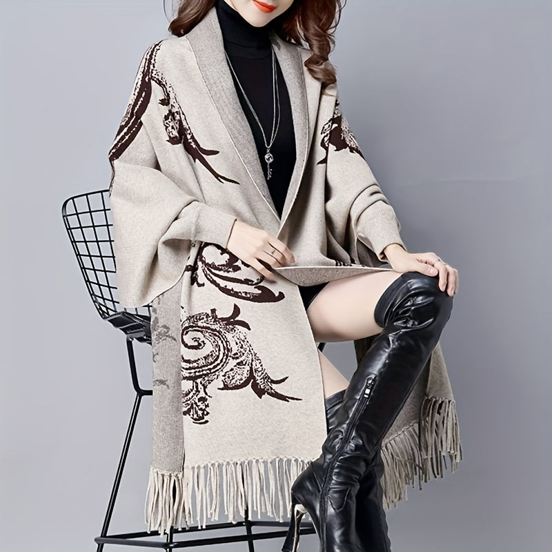 Vintage Jacquard Shawl Large Blanket Cardigan with Tassel Cape