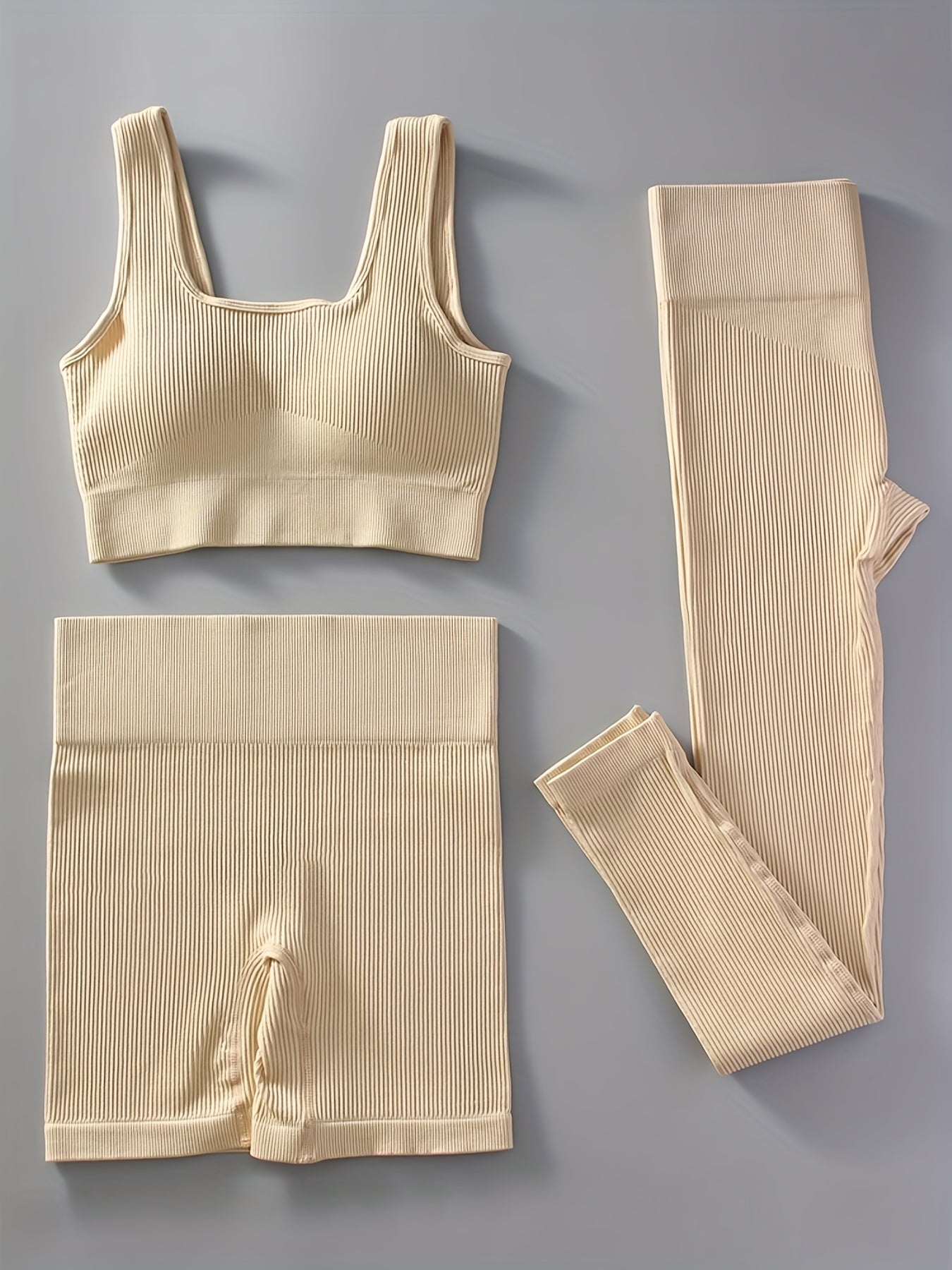 3pcs Ribbed Yoga Workout Suits Sports Bra & Leggings Sets Women's Activewear