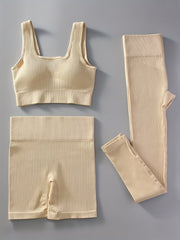 3pcs Ribbed Yoga Workout Suits Sports Bra & Leggings Sets Women's Activewear