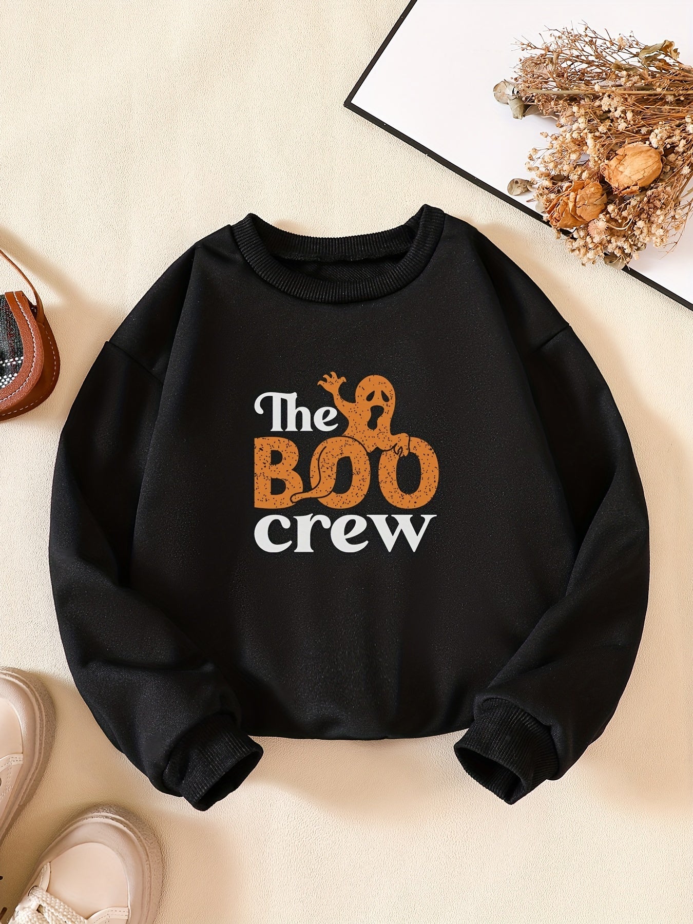 Girls' Ghost And Letter Print Sweatshirt Pullover For Halloween Outfit