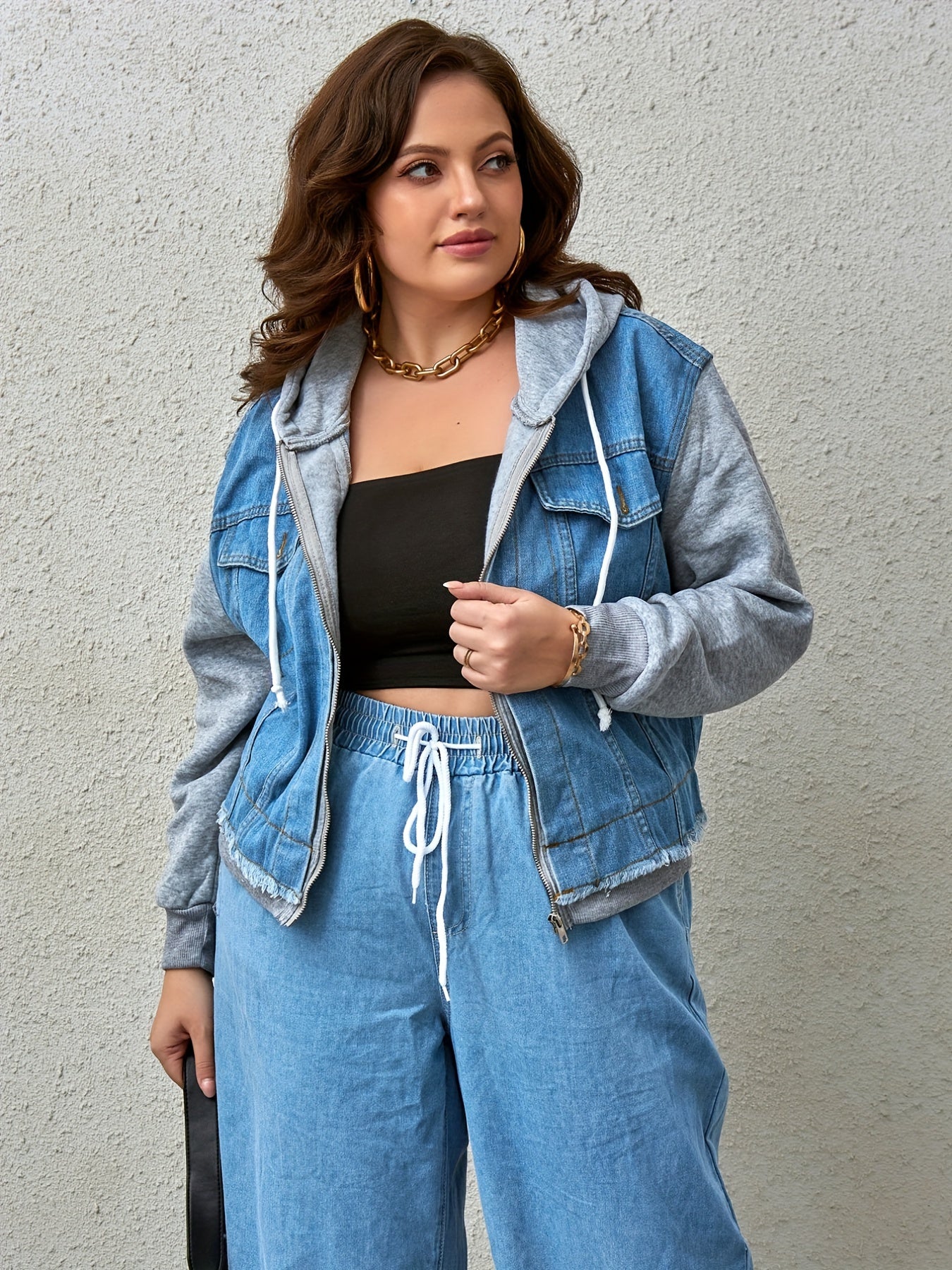 Colorblock Hooded Denim Jacket
