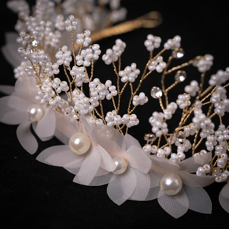 Golden Faux Pearls Flowers Headbands Wedding Hair Accessories Bridal Tiaras