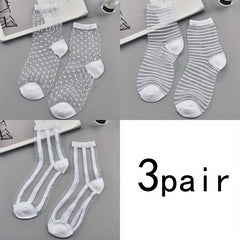 3 Pairs Polka Dot & Striped Sheer Mesh Mid Tube Socks Women's Stockings