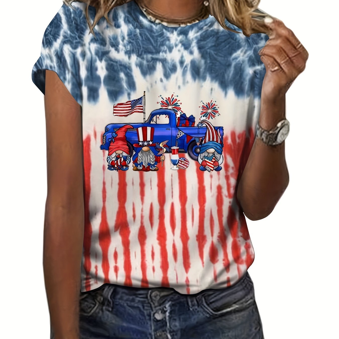American Flag Cartoon Print Loose Short Sleeve T shirt