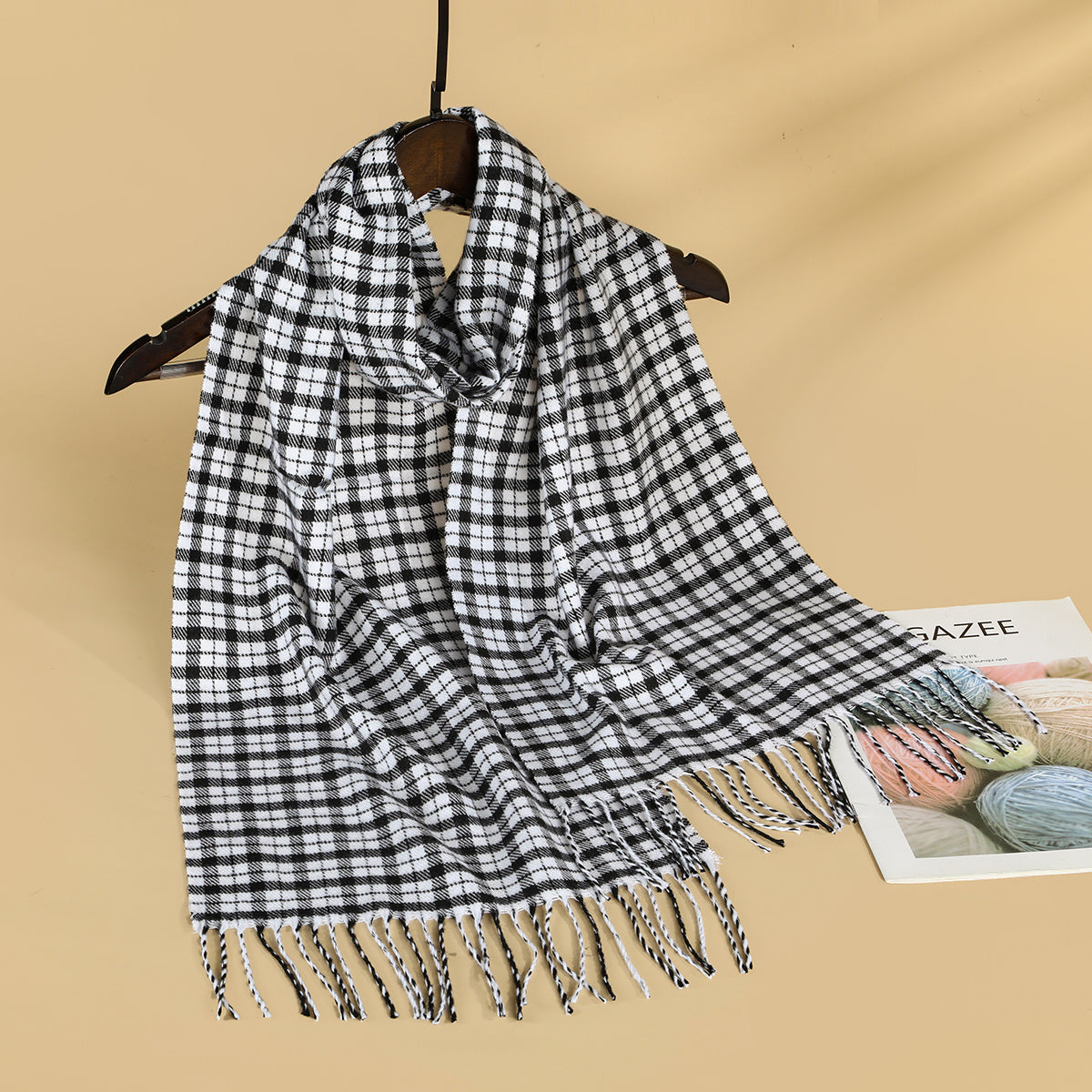 Faux Cashmere Plaid Fringe Small Scarf 1pc