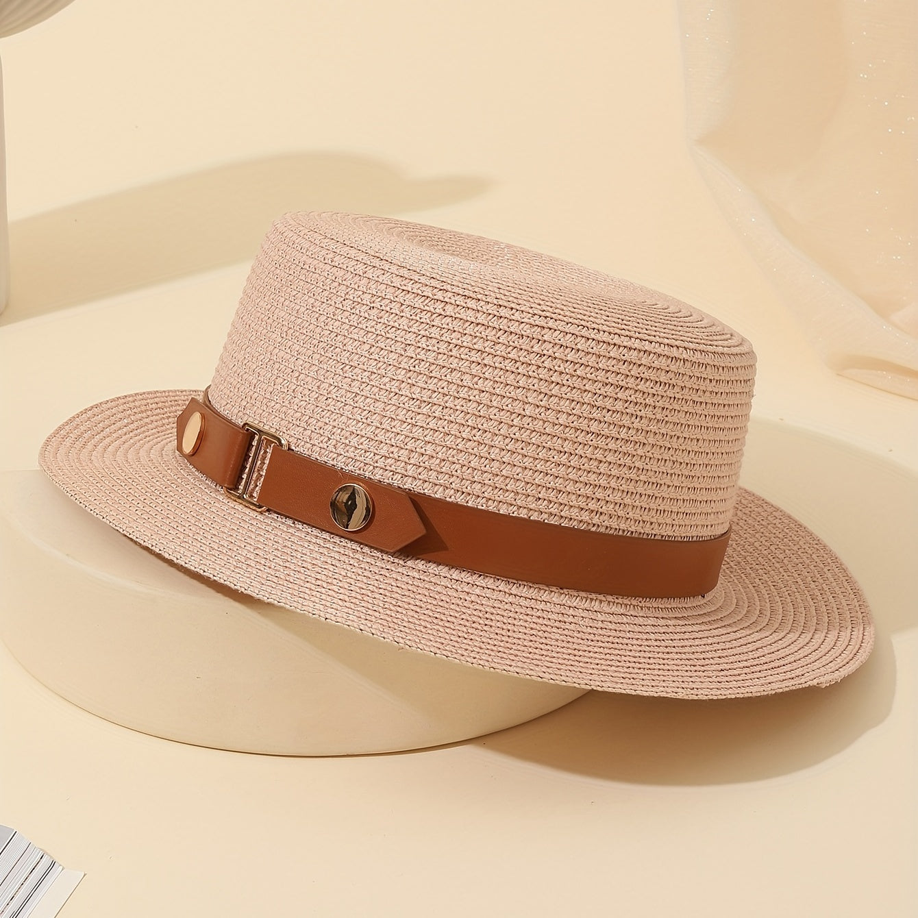 Vintage Pink Straw Flat Top Hat British Style Beach Sun Hat