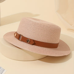 Vintage Pink Straw Flat Top Hat British Style Beach Sun Hat