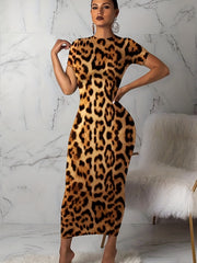 Leopard Print Short Sleeve Round Neck Skinny Dress