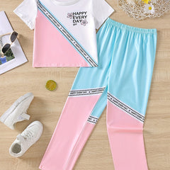 Girls Colorblock Short Sleeve Sports Tee & Shorts Set