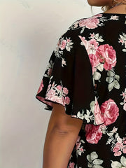 Floral Print Ruffle Sleeve Plus Size Boho Dress
