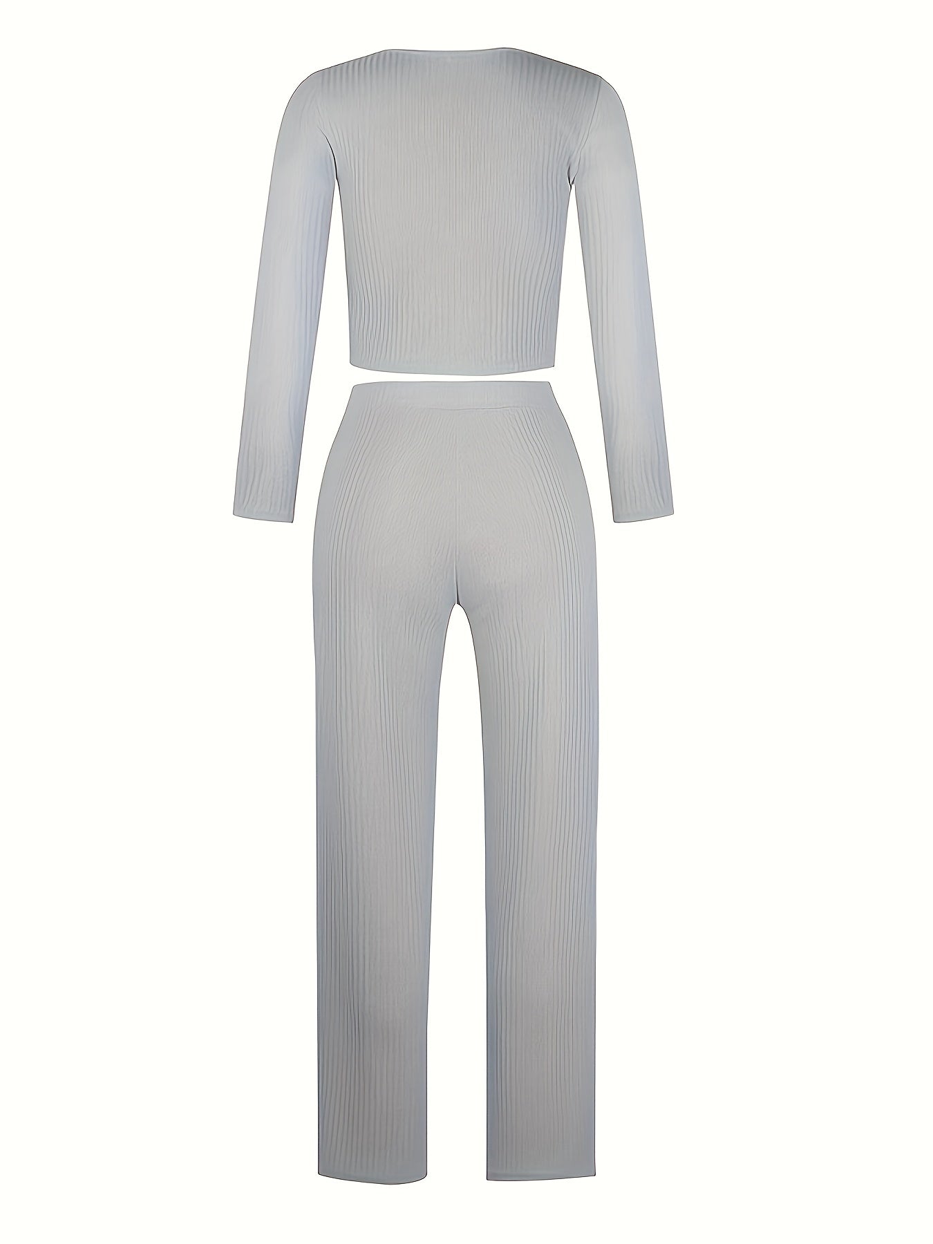 Solid Ribbed Lounge Set Long Sleeve Top & Pants Women's Loungewear