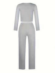 Solid Ribbed Lounge Set Long Sleeve Top & Pants Women's Loungewear