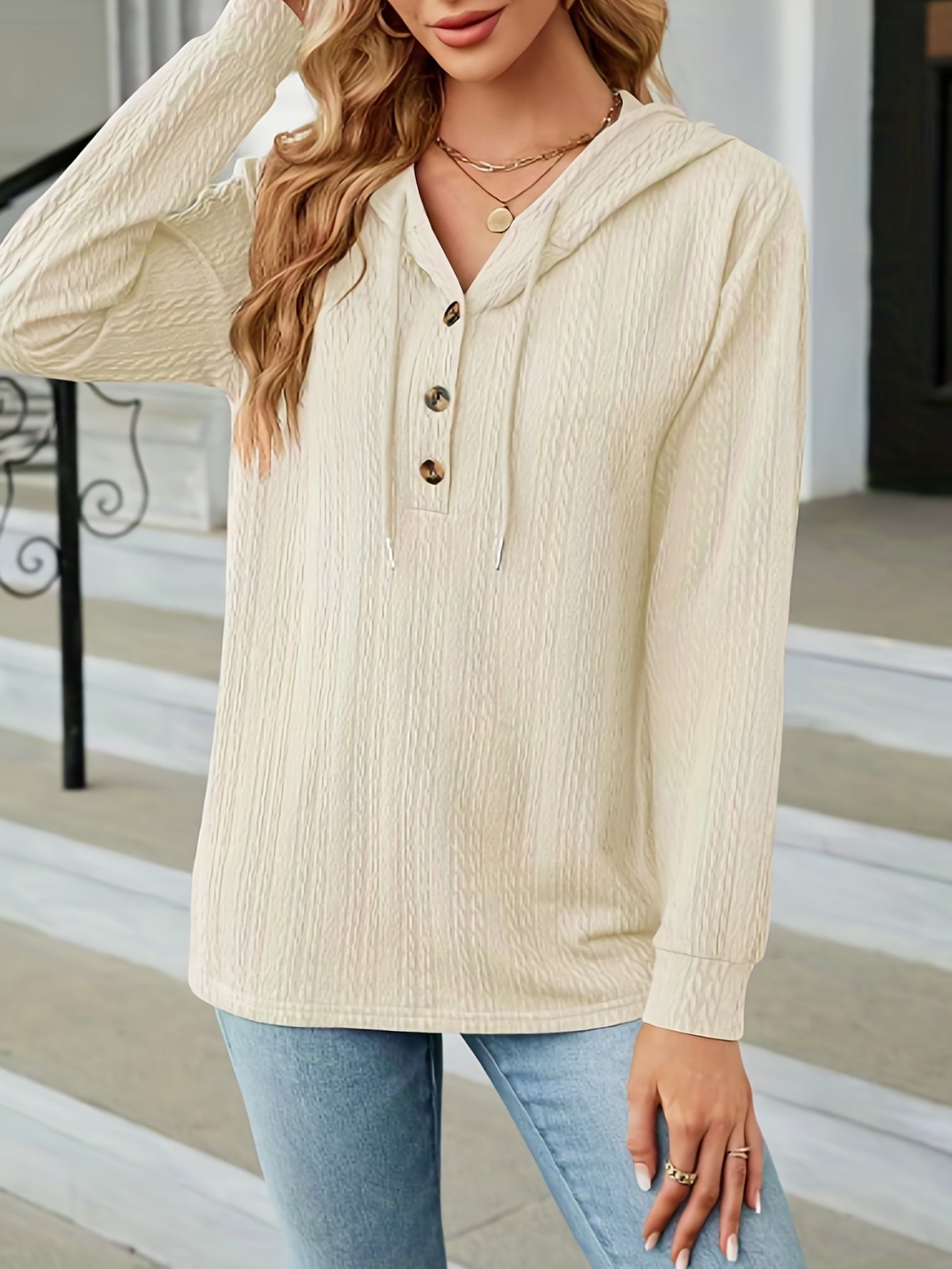 Textured Drawstring Button Front Hoodie for Spring & Fall Women's Clothing