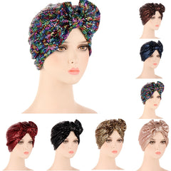 Sequin Bow Beanie Cap Lightweight Women Turban Hat Hair Bonnet