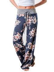 Flower Print Loose Pants Casual Lace up High Waist Wide Leg