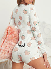 Peach Print Romper Pajamas Long Sleeve Buttons V Neck Lingerie