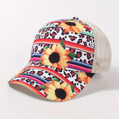 Chrysanthemum Print Trucker Hat Boho Mesh Baseball Cap