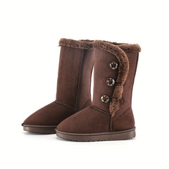 Women's Plush Mid Calf Boots Keep Warm Solid Button Non Slip Flat Snow Boots