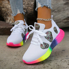 Women's Skull Pattern Sneakers Lace Up Low Top Mesh Shoes